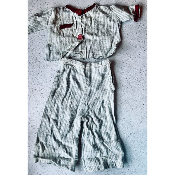 1950s Flannel Doll Pajamas Striped With Red Accents 2-Piece Set Button-Up Shirt - Picture 1 of 11